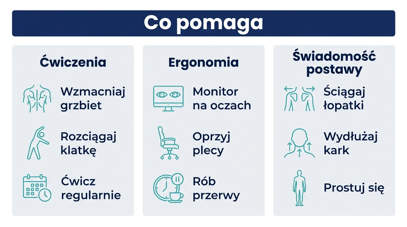 Infografika przedstawiająca trzy filary pracy nad okrągłymi plecami: ćwiczenia, ergonomię i świadomość postawy.