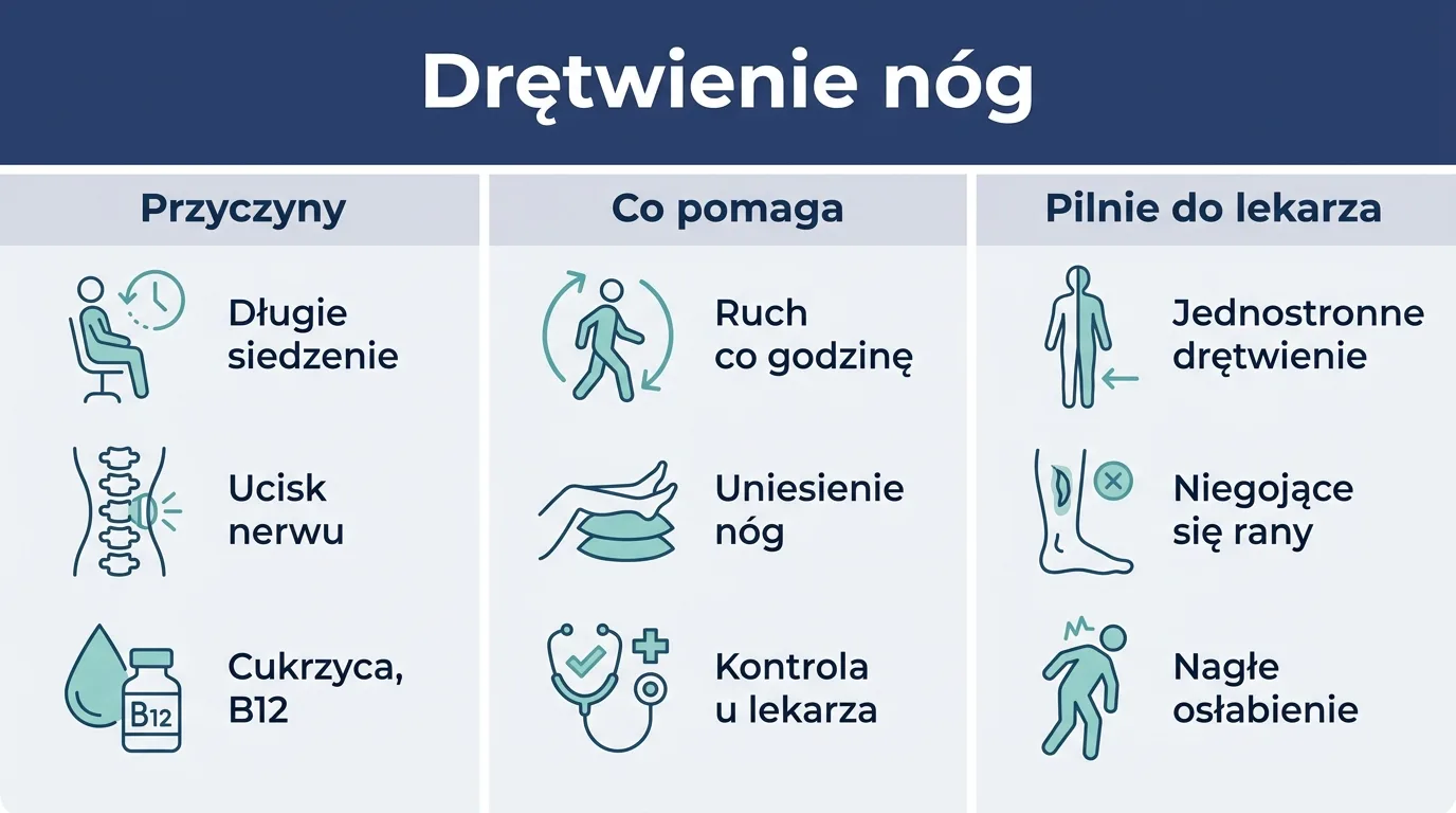 Infografika przedstawiająca najczęstsze przyczyny drętwienia nóg, sposoby, które pomagają, oraz objawy wymagające pilnej wizyty u lekarza.