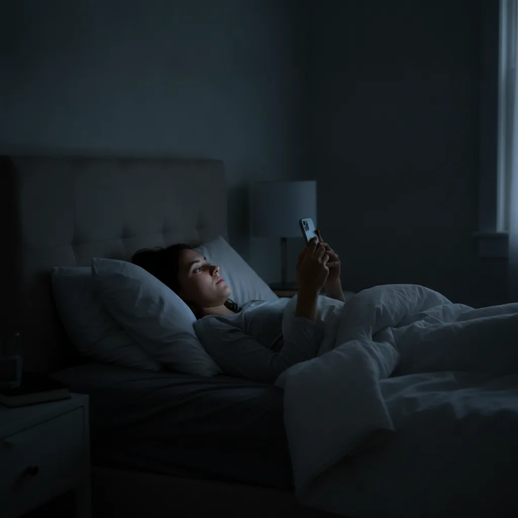 Mężczyzna korzystający z telefonu w łóżku, jasny ekran utrudniający zaśnięcie wieczorem.