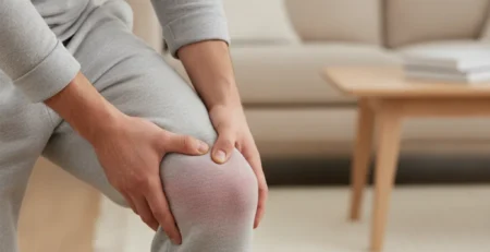 Osoba trzymająca się za opuchnięte kolano z widocznym obrzękiem stawu kolanowego.