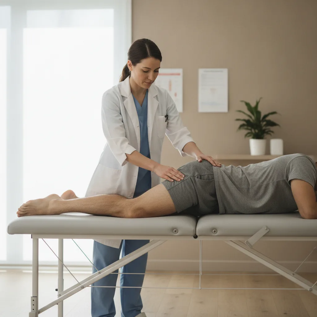 Fizjoterapeuta badający okolicę stawu biodrowego pacjenta podczas konsultacji.