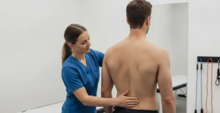 Fizjoterapeuta ocenia postawę i skrzywienie kręgosłupa u dorosłego pacjenta w jasnym gabinecie.