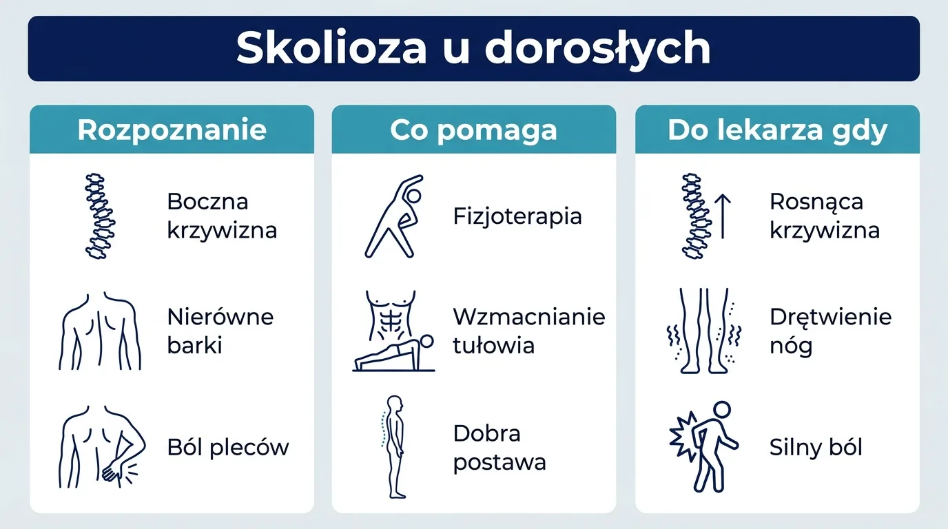 Infografika przedstawiająca objawy skoliozy u dorosłych, metody łagodzenia dolegliwości oraz sygnały wymagające wizyty u lekarza.