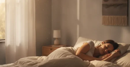 Kobieta spokojnie śpiąca w zaciemnionej sypialni z zatyczkami do uszu ograniczającymi nocny hałas.
