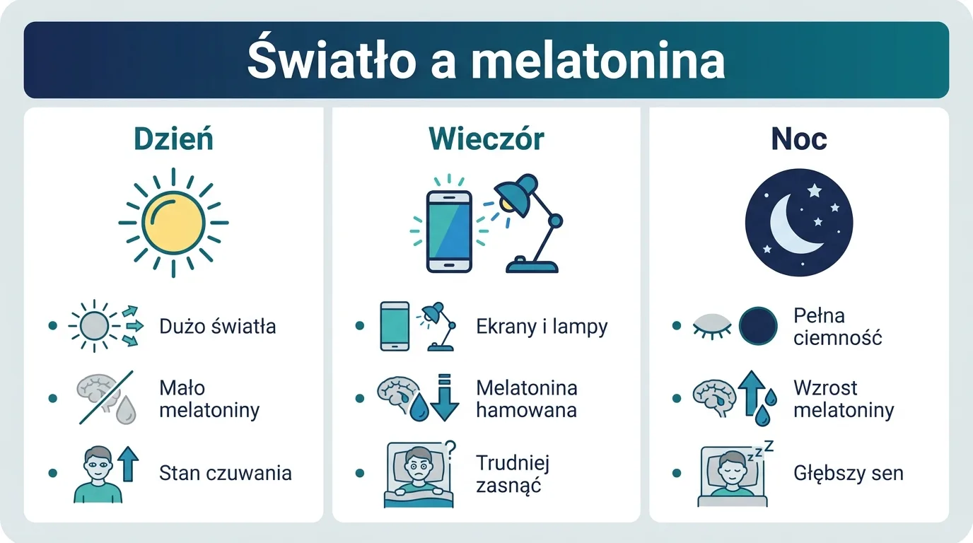 Infografika pokazująca, jak poziom melatoniny rośnie w ciemności i spada przy świetle w ciągu doby.