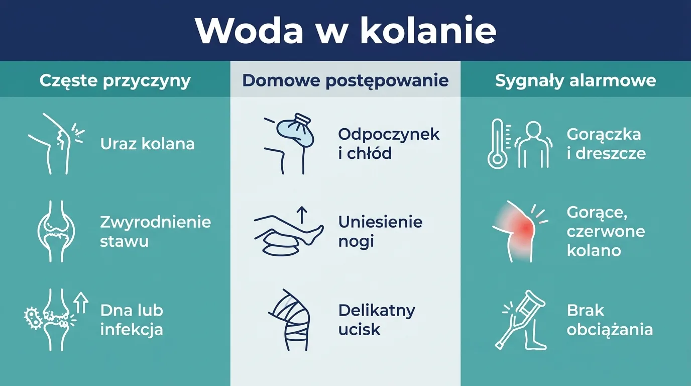 Infografika przedstawiająca przyczyny wody w kolanie, domowe postępowanie oraz sygnały alarmowe wymagające wizyty u lekarza.