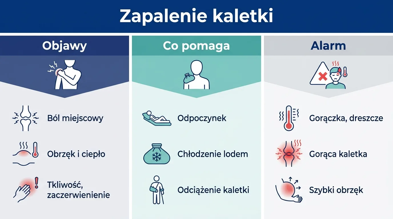 Infografika pokazująca objawy zapalenia kaletki, domowe sposoby łagodzenia dolegliwości oraz sygnały wymagające pilnej konsultacji z lekarzem.