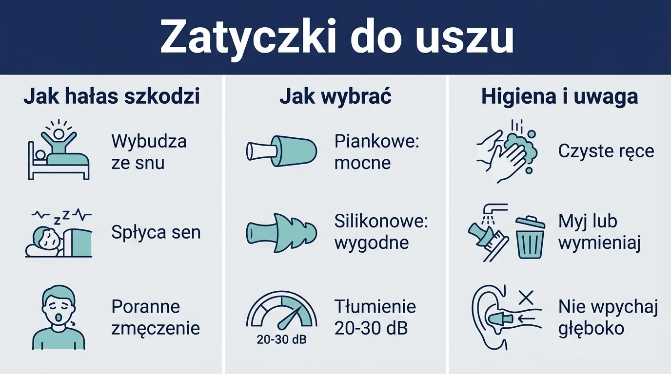 Infografika pokazująca, jak hałas zaburza sen, jak dobrać zatyczki do uszu oraz jak dbać o ich higienę.
