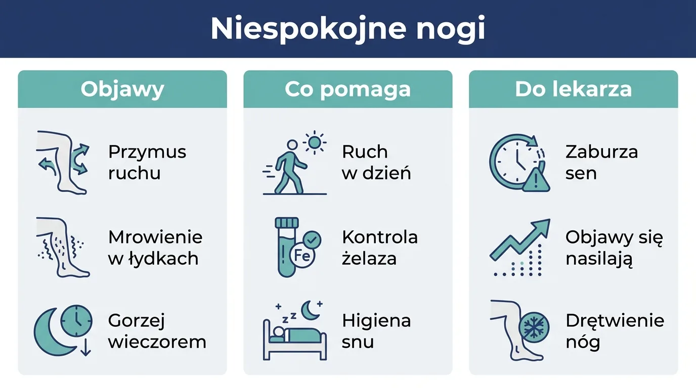 Infografika przedstawiająca objawy zespołu niespokojnych nóg, sposoby łagodzenia dolegliwości oraz sytuacje wymagające wizyty u lekarza.
