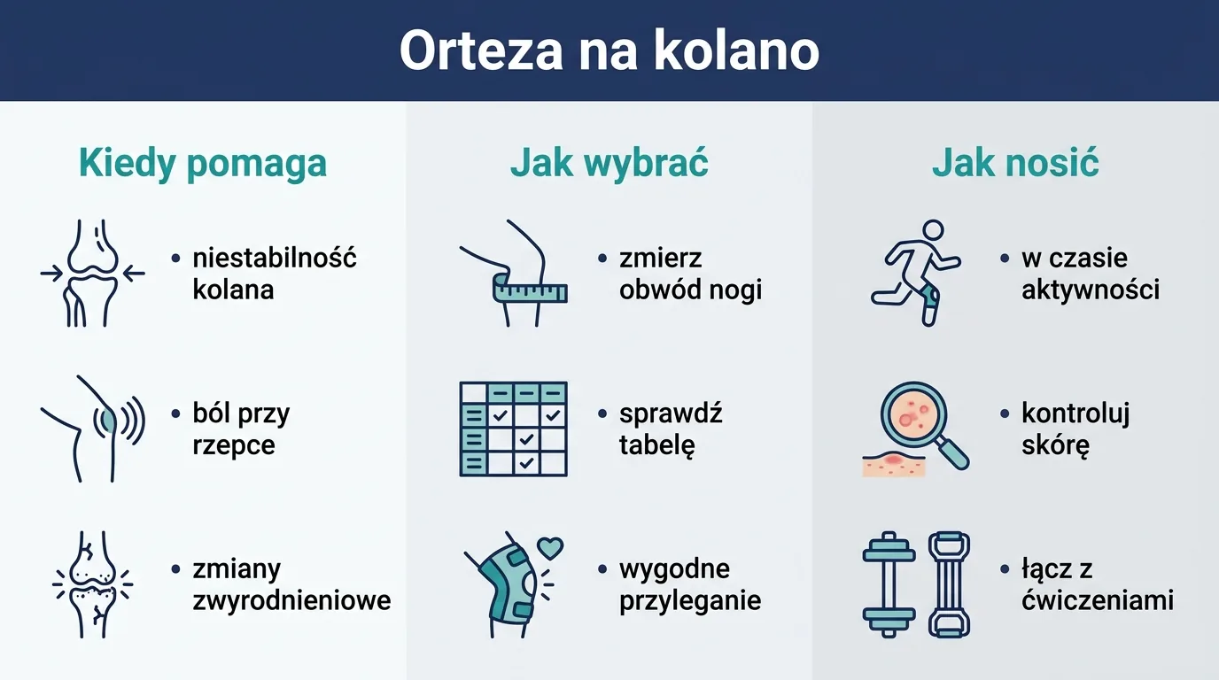 Infografika o tym, kiedy pomaga orteza na kolano, jak ją dobrać i jak nosić